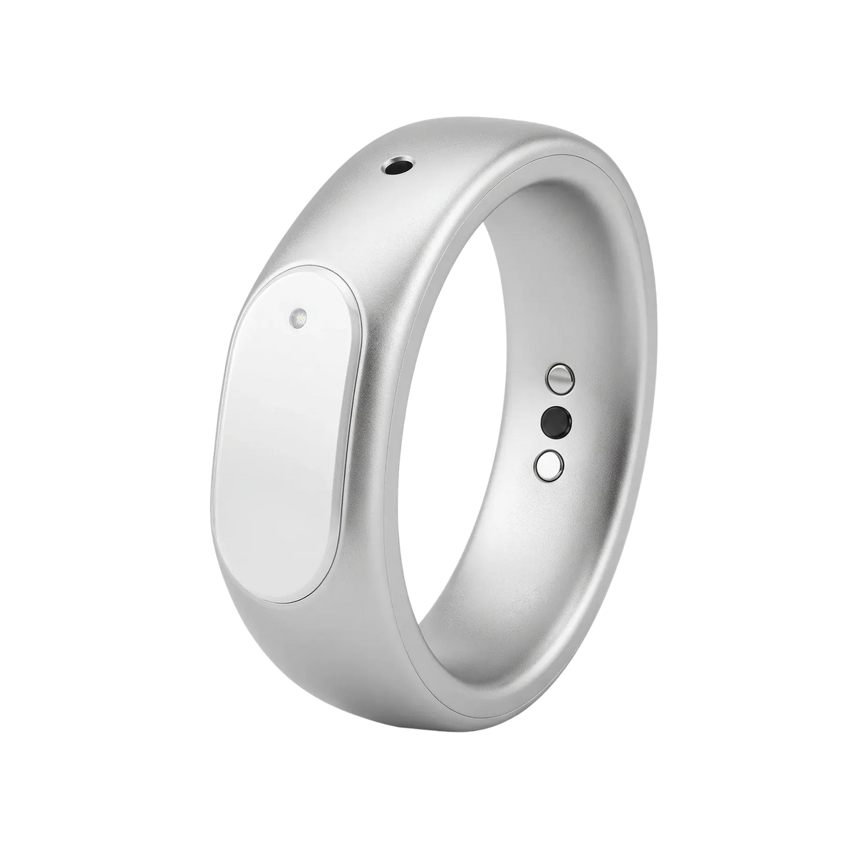 Phoebe Ring, a brushed dark titanium band with a single side button